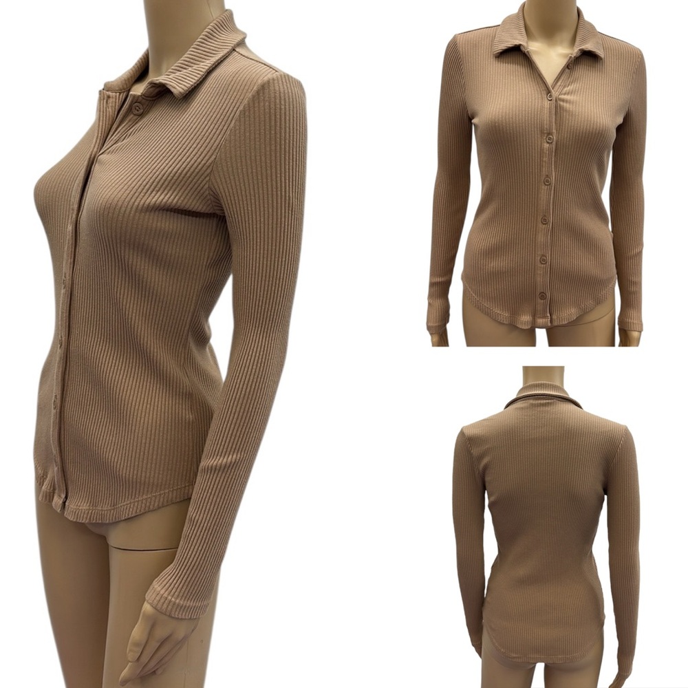 Calvin Klein Tan Ribbed Button Front Collared Long Sleeve Formfit Top Petite S
